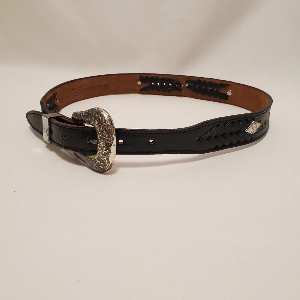 Nocona Western Black Leather Belt Made in USA Woven Embossed Embellishments